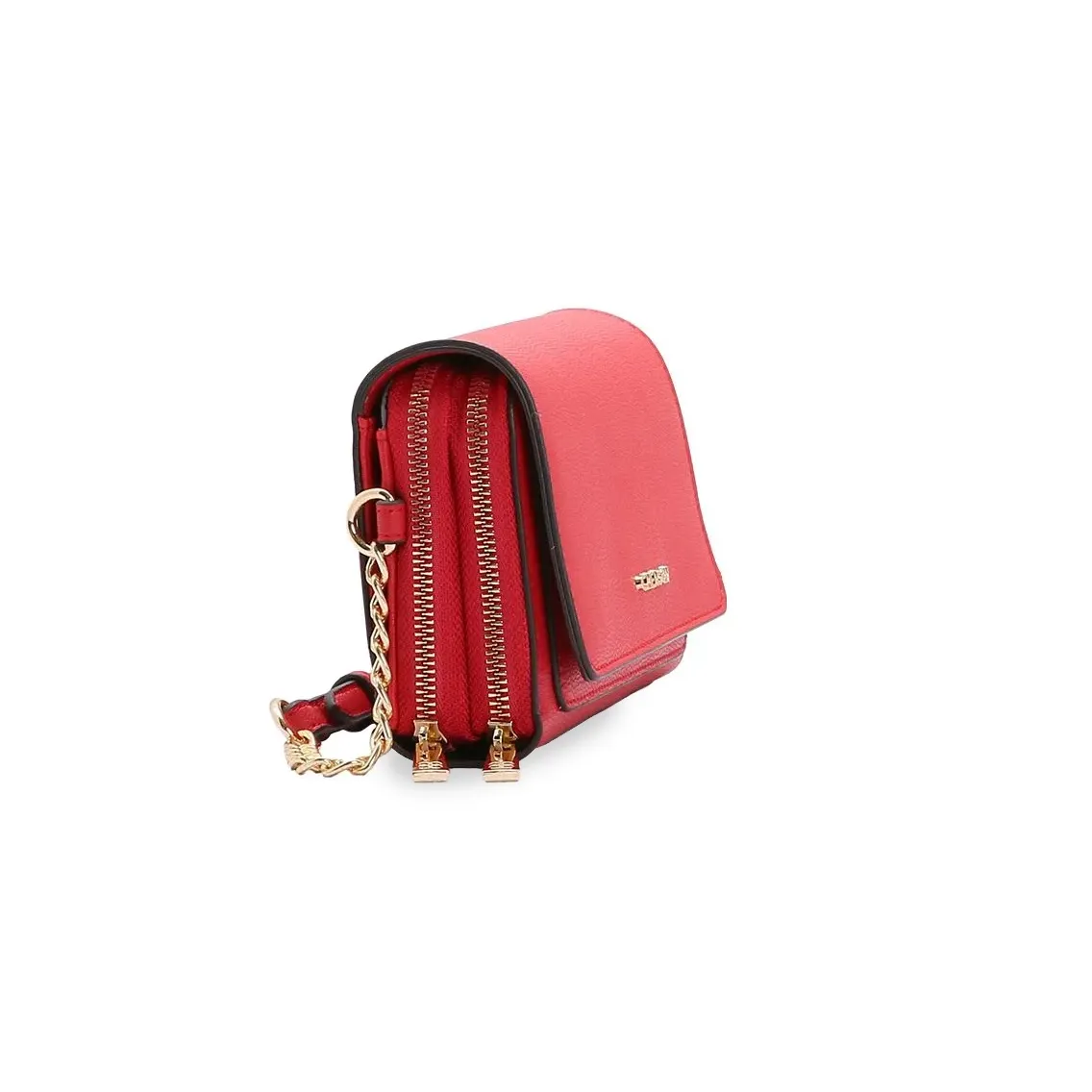 Bolsa Chenson transversal vermelha vista lateral mostrando compartimentos com zíper dourado